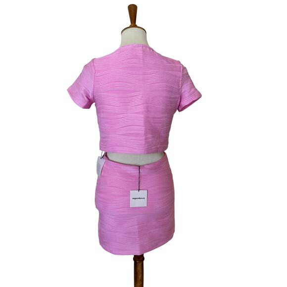 Superdown Crop Tie Top Mini Skirt Set Pink MEDIUM Bodycon Revolve Melissa NEW - Picture 6 of 7
